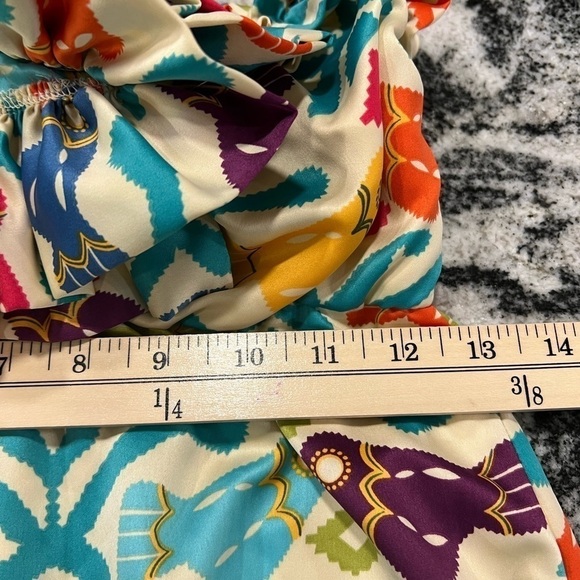 JUDITH MARCH sleeveless mini silk colorful folk print dress with jabot - Picture 9 of 13